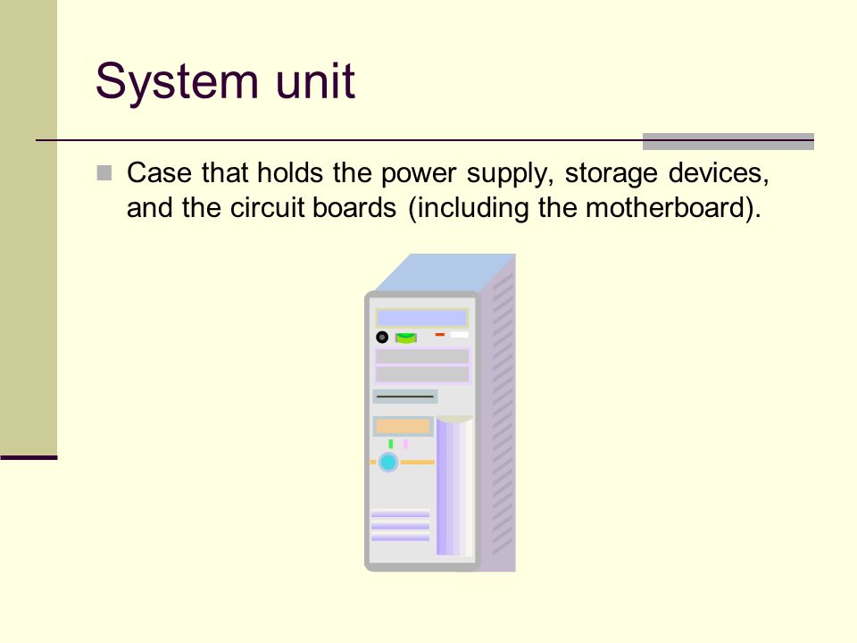 System unit Case that holds the power supply, storage devices, and the circuit boards (including the motherboard).