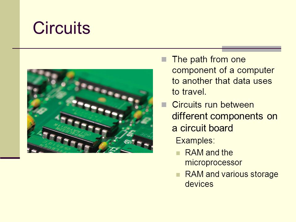 Circuits The path from one component of a computer to another that data uses to travel.