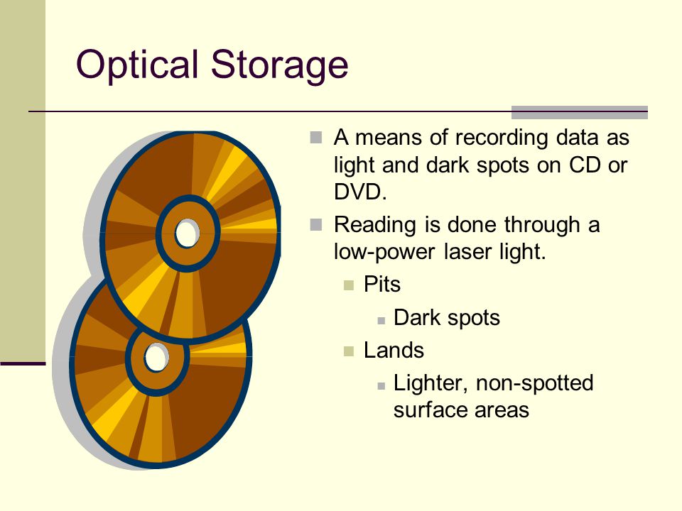Optical Storage A means of recording data as light and dark spots on CD or DVD.