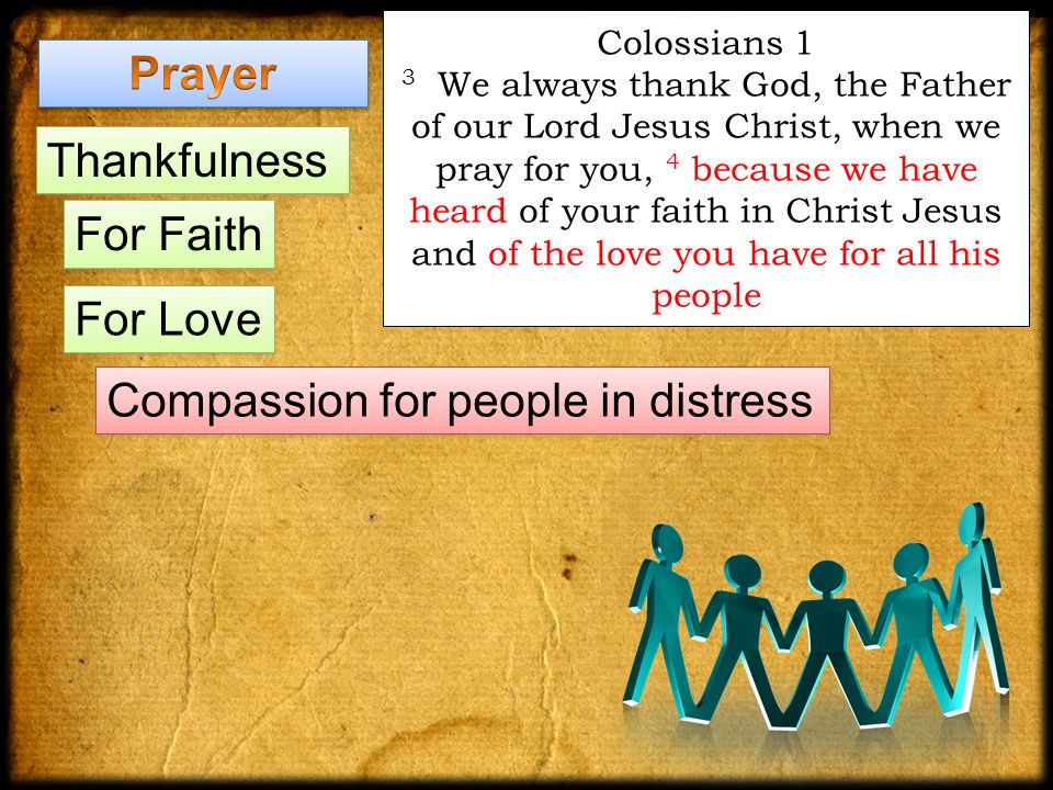Colossians 1 3 We always thank God, the Father of our Lord Jesus Christ, when we pray for you, 4 because we have heard of your faith in Christ Jesus and of the love you have for all his people Thankfulness For Faith Compassion for people in distress For Love