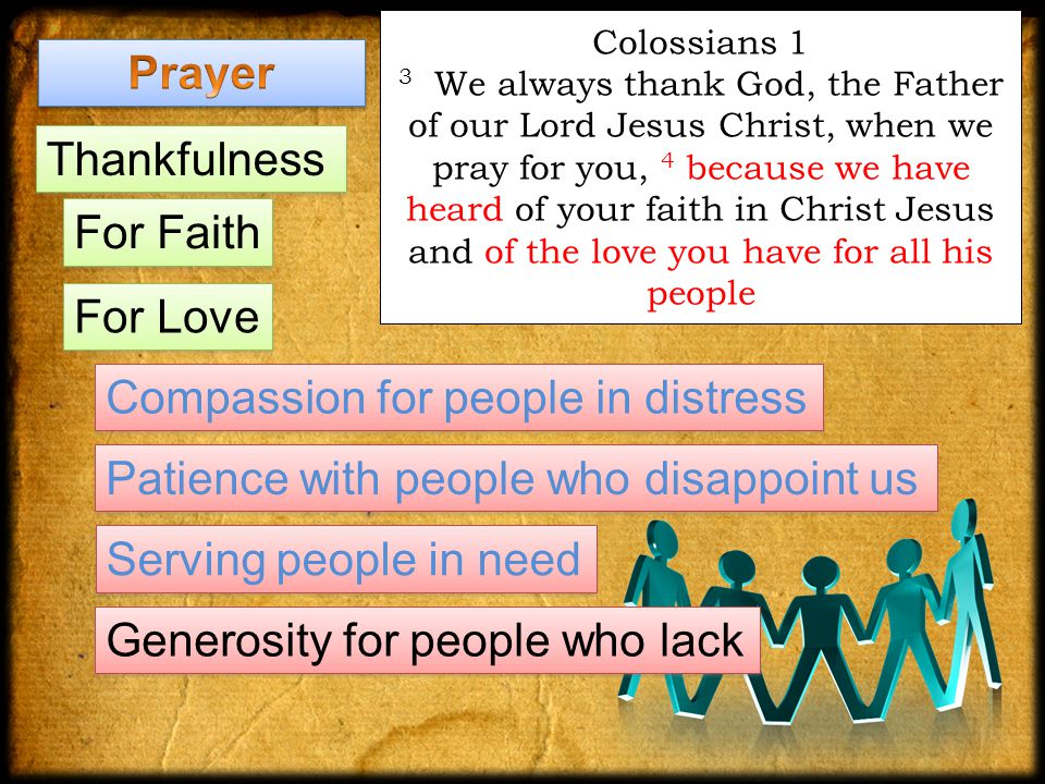 Colossians 1 3 We always thank God, the Father of our Lord Jesus Christ, when we pray for you, 4 because we have heard of your faith in Christ Jesus and of the love you have for all his people Thankfulness For Faith Compassion for people in distress Generosity for people who lack Serving people in need Patience with people who disappoint us For Love