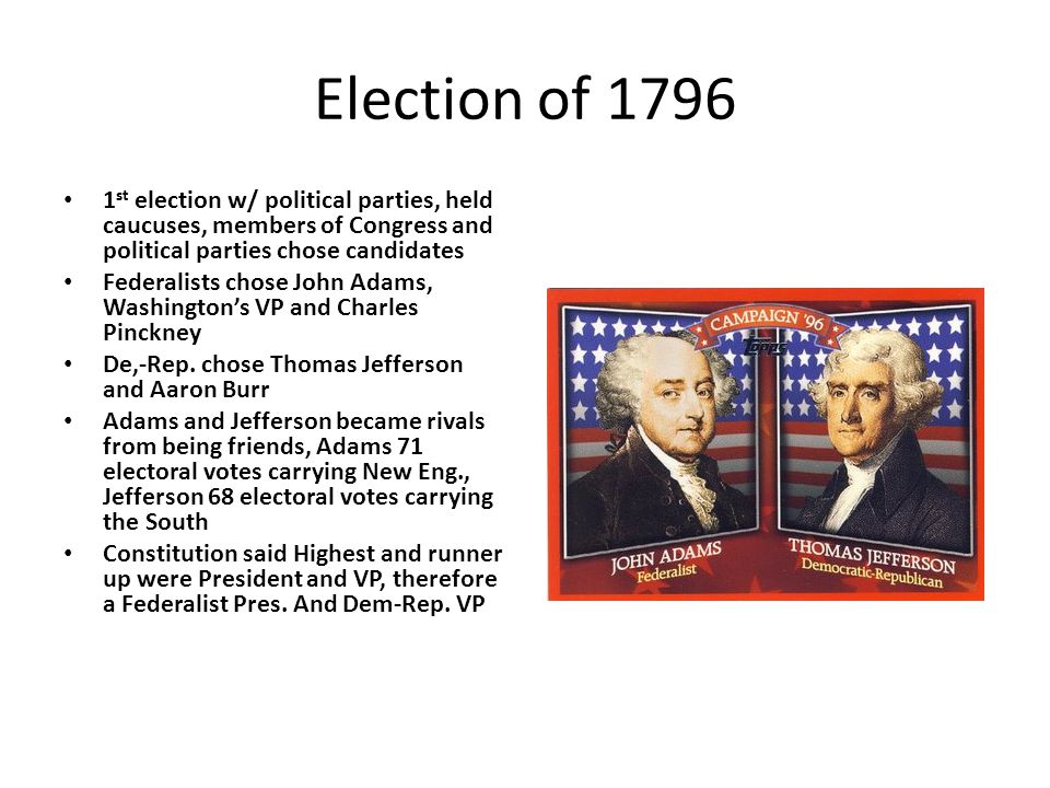 Election of st election w/ political parties, held caucuses, members of Congress and political parties chose candidates Federalists chose John Adams, Washington’s VP and Charles Pinckney De,-Rep.