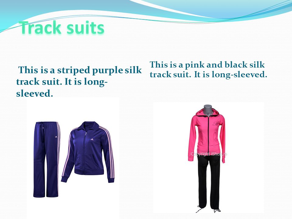This is a striped purple silk track suit. It is long- sleeved.