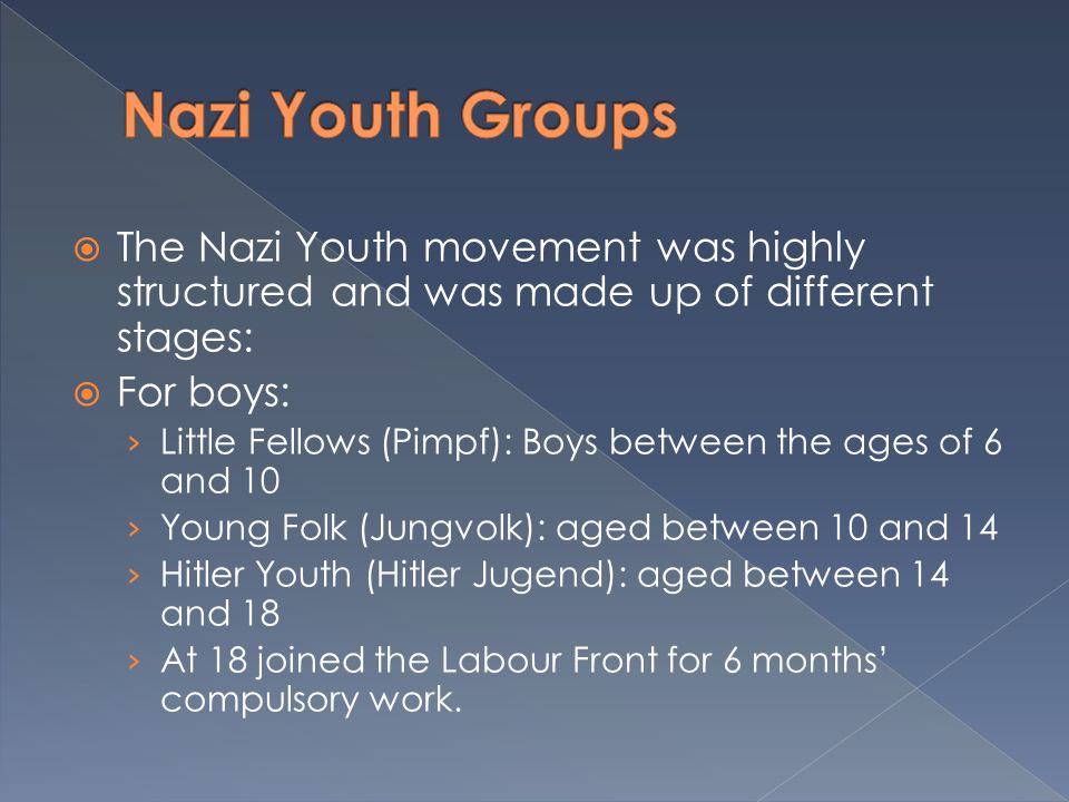  The Nazi Youth movement was highly structured and was made up of different stages:  For boys: › Little Fellows (Pimpf): Boys between the ages of 6 and 10 › Young Folk (Jungvolk): aged between 10 and 14 › Hitler Youth (Hitler Jugend): aged between 14 and 18 › At 18 joined the Labour Front for 6 months’ compulsory work.