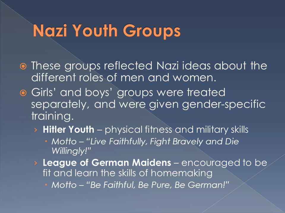  These groups reflected Nazi ideas about the different roles of men and women.