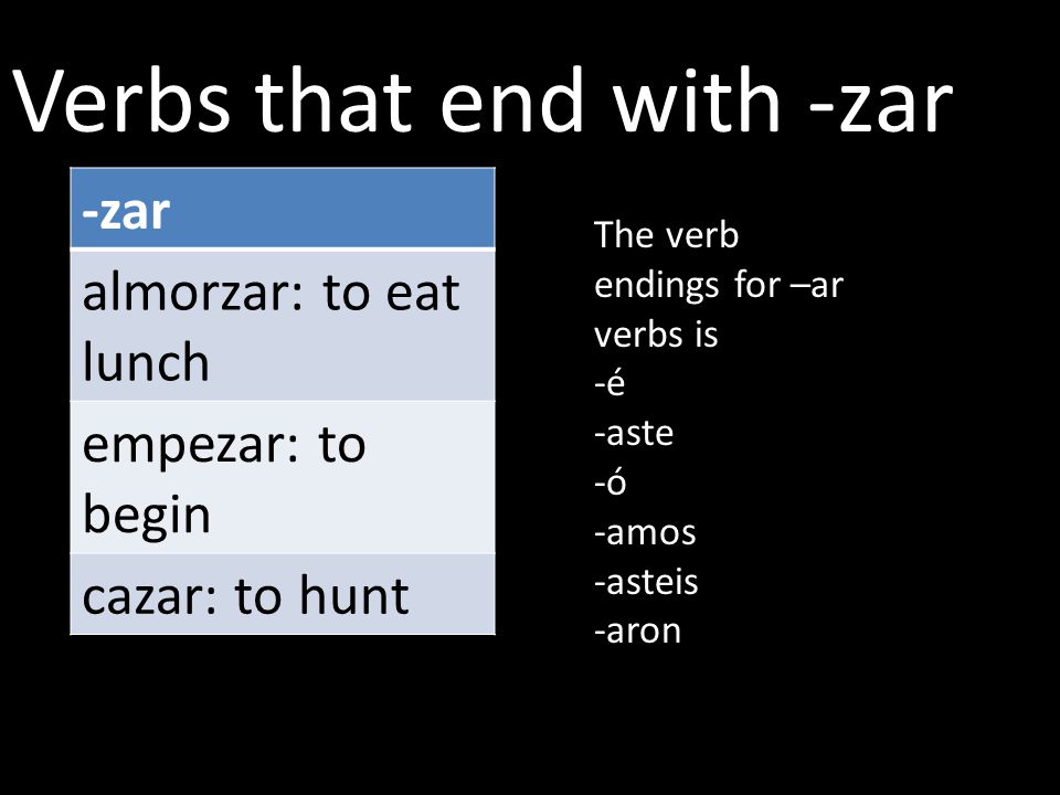 Car Gar Zar Verbs Car Gar Zar Tocar Sacar Buscar Llegar Pagar Jugar Cazar Almorzar Empezar Ppt Download