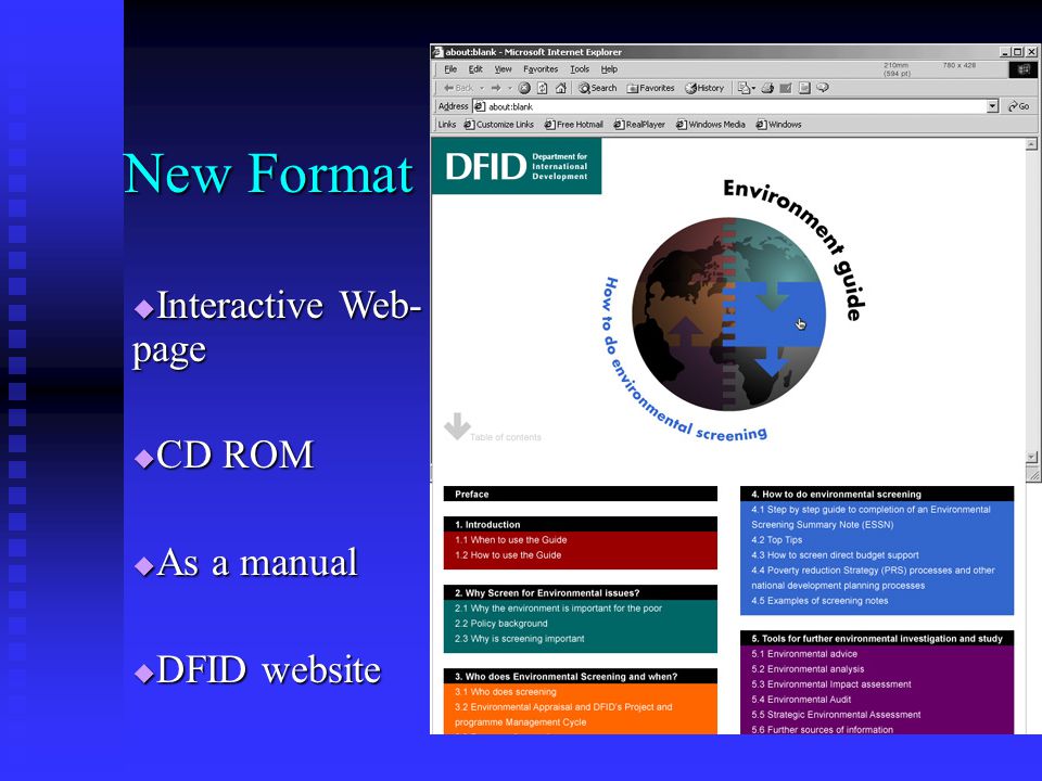  Interactive Web- page  CD ROM  As a manual  DFID website New Format
