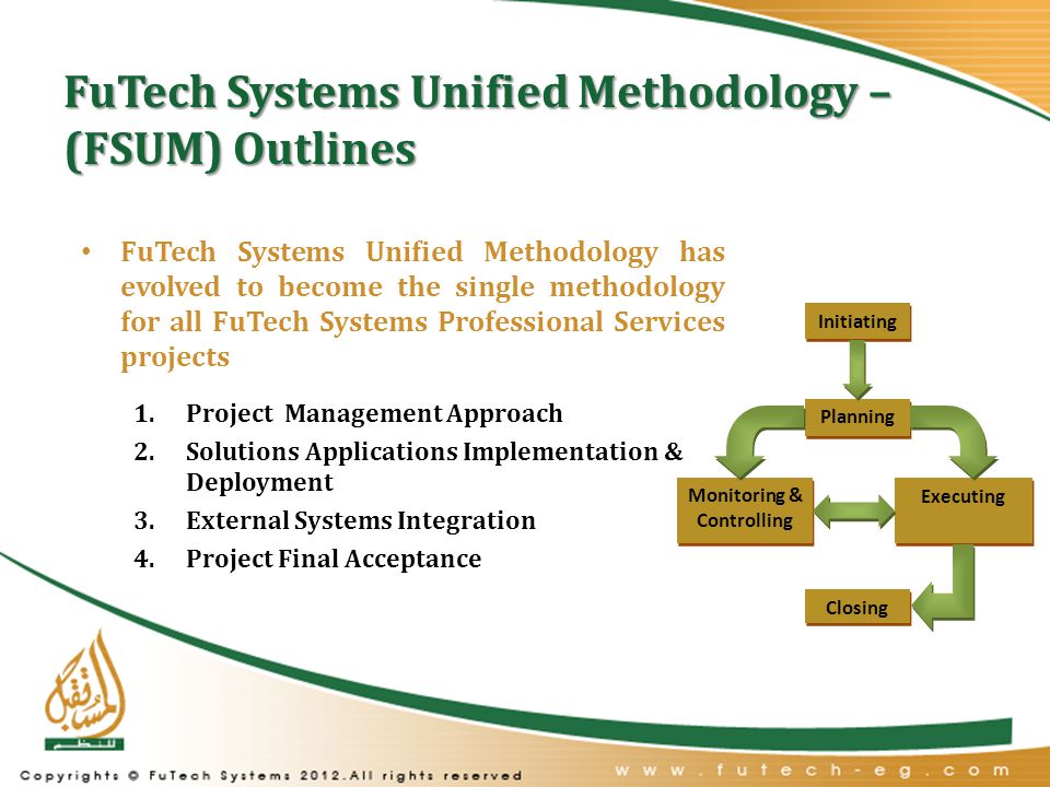 FuTech Systems Unified Methodology – (FSUM) Outlines FuTech Systems Unified Methodology has evolved to become the single methodology for all FuTech Systems Professional Services projects 1.Project Management Approach 2.Solutions Applications Implementation & Deployment 3.External Systems Integration 4.Project Final Acceptance Planning Closing Executing Monitoring & Controlling Initiating