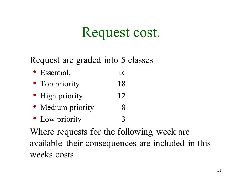 11 Request cost. Request are graded into 5 classes Essential.