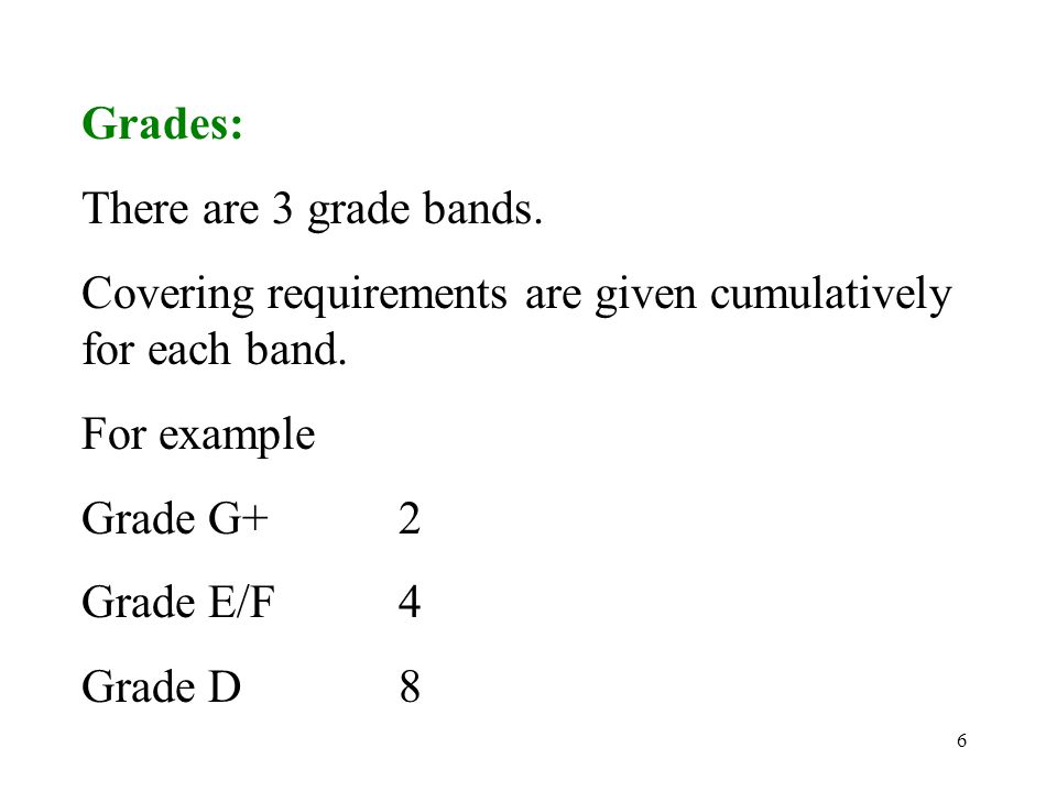 6 Grades: There are 3 grade bands. Covering requirements are given cumulatively for each band.