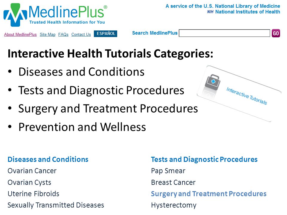 Interactive Health Tutorials Categories: Diseases and Conditions Tests and Diagnostic Procedures Surgery and Treatment Procedures Prevention and Wellness Diseases and ConditionsTests and Diagnostic Procedures Ovarian CancerPap Smear Ovarian CystsBreast Cancer Uterine Fibroids Surgery and Treatment Procedures Sexually Transmitted DiseasesHysterectomy MedlinePlus: Interactive Tutorials