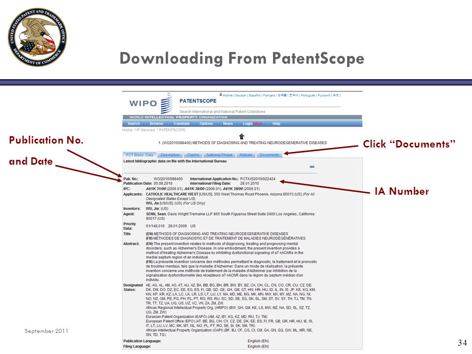 September Downloading From PatentScope Click Documents Publication No. and Date IA Number
