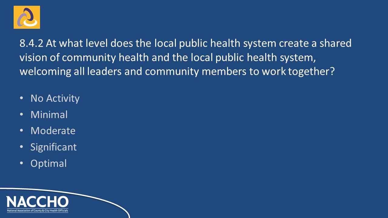 No Activity Minimal Moderate Significant Optimal At what level does the local public health system create a shared vision of community health and the local public health system, welcoming all leaders and community members to work together