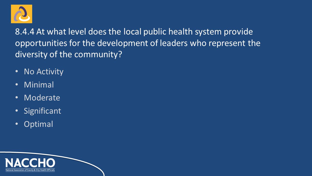 No Activity Minimal Moderate Significant Optimal At what level does the local public health system provide opportunities for the development of leaders who represent the diversity of the community