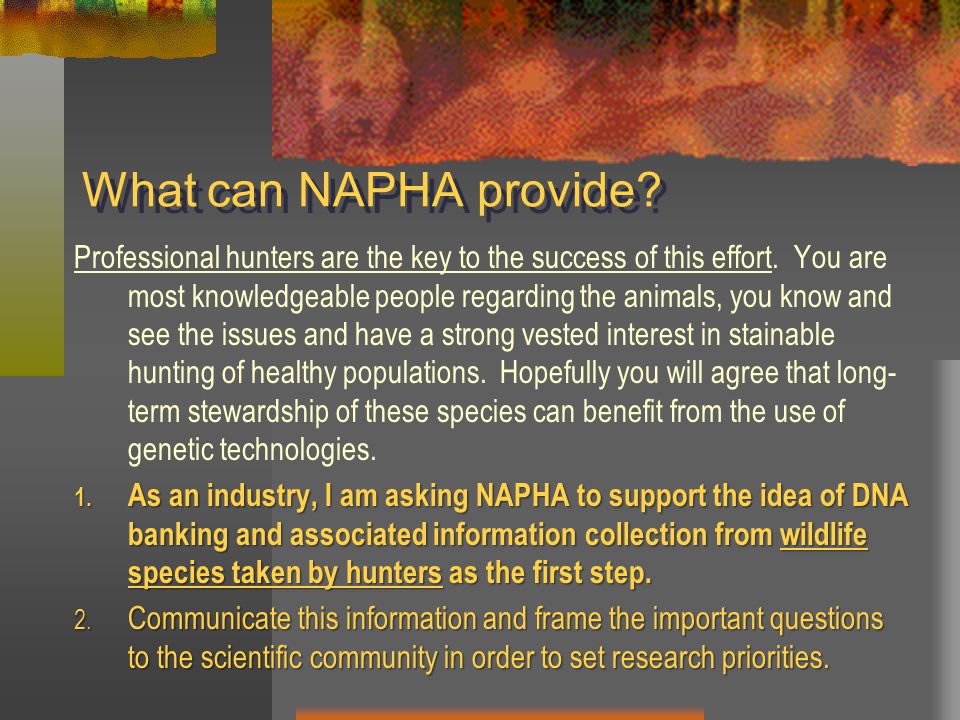 What can NAPHA provide. Professional hunters are the key to the success of this effort.