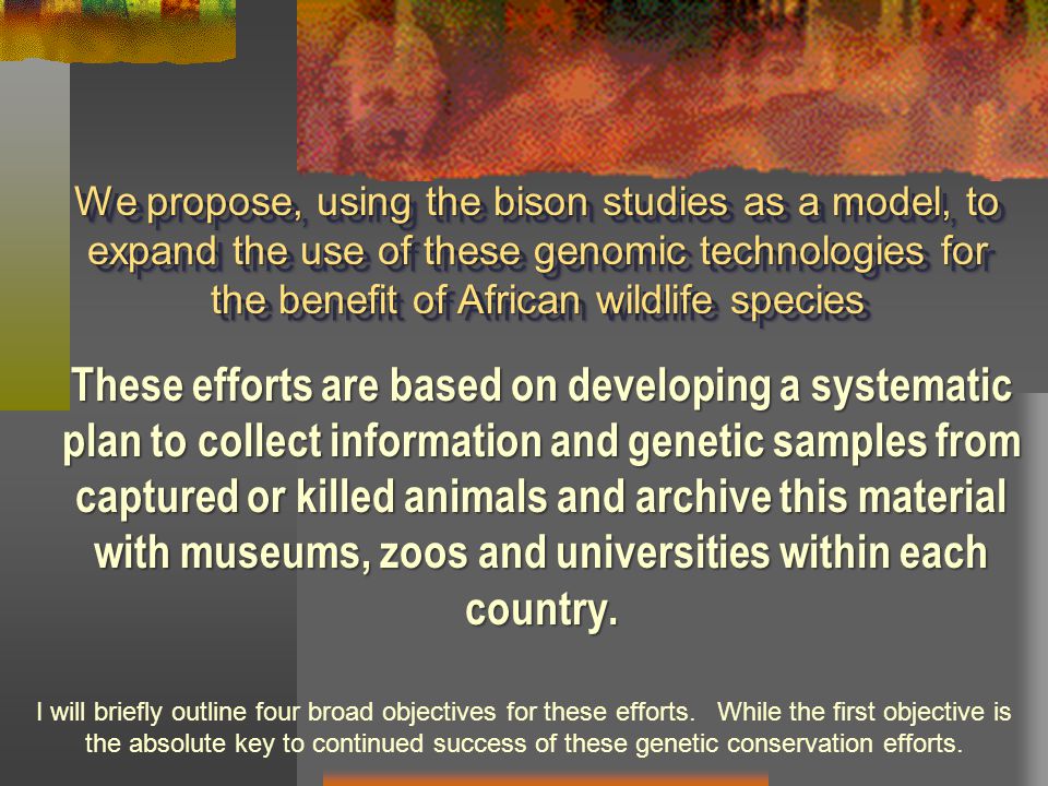 We propose, using the bison studies as a model, to expand the use of these genomic technologies for the benefit of African wildlife species These efforts are based on developing a systematic plan to collect information and genetic samples from captured or killed animals and archive this material with museums, zoos and universities within each country.
