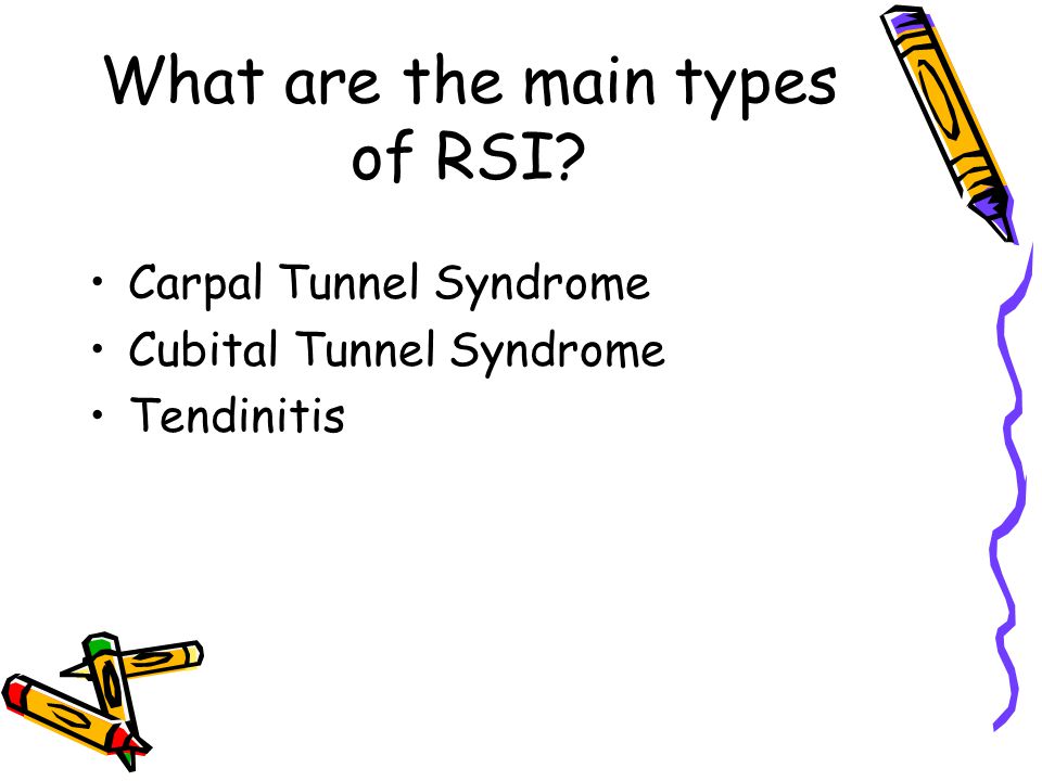 What are the main types of RSI Carpal Tunnel Syndrome Cubital Tunnel Syndrome Tendinitis