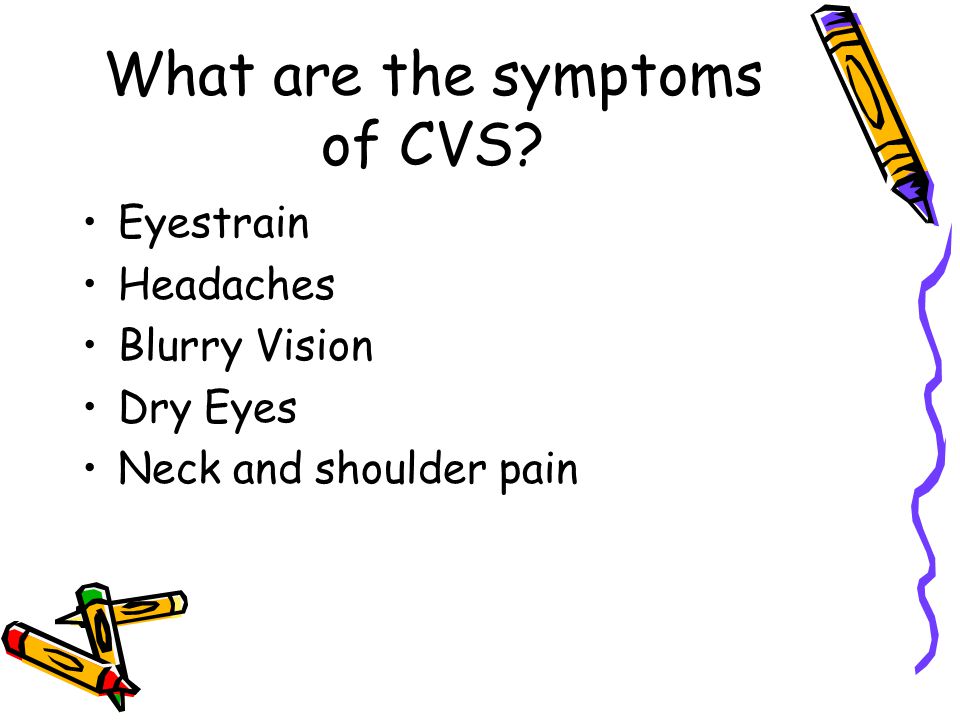What are the symptoms of CVS Eyestrain Headaches Blurry Vision Dry Eyes Neck and shoulder pain