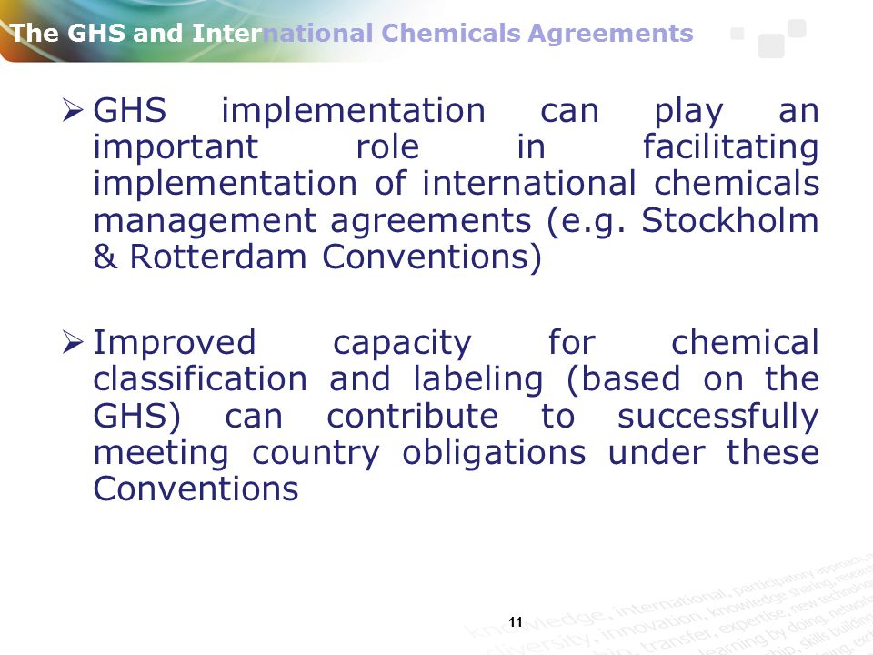 11 The GHS and International Chemicals Agreements  GHS implementation can play an important role in facilitating implementation of international chemicals management agreements (e.g.
