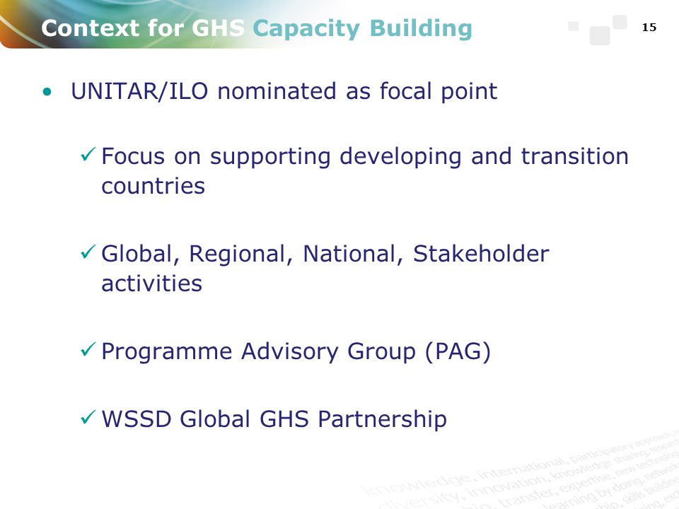 Context for GHS Capacity Building UNITAR/ILO nominated as focal point Focus on supporting developing and transition countries Global, Regional, National, Stakeholder activities Programme Advisory Group (PAG) WSSD Global GHS Partnership 15