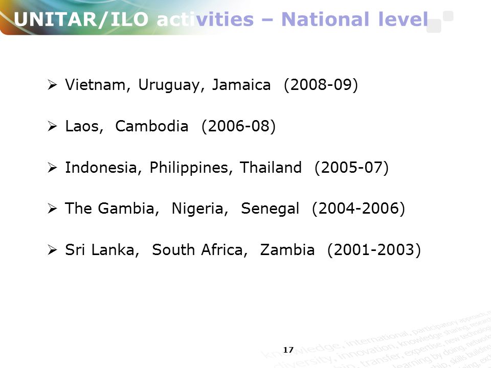17 UNITAR/ILO activities – National level  Vietnam, Uruguay, Jamaica ( )  Laos, Cambodia ( )  Indonesia, Philippines, Thailand ( )  The Gambia, Nigeria, Senegal ( )  Sri Lanka, South Africa, Zambia ( )