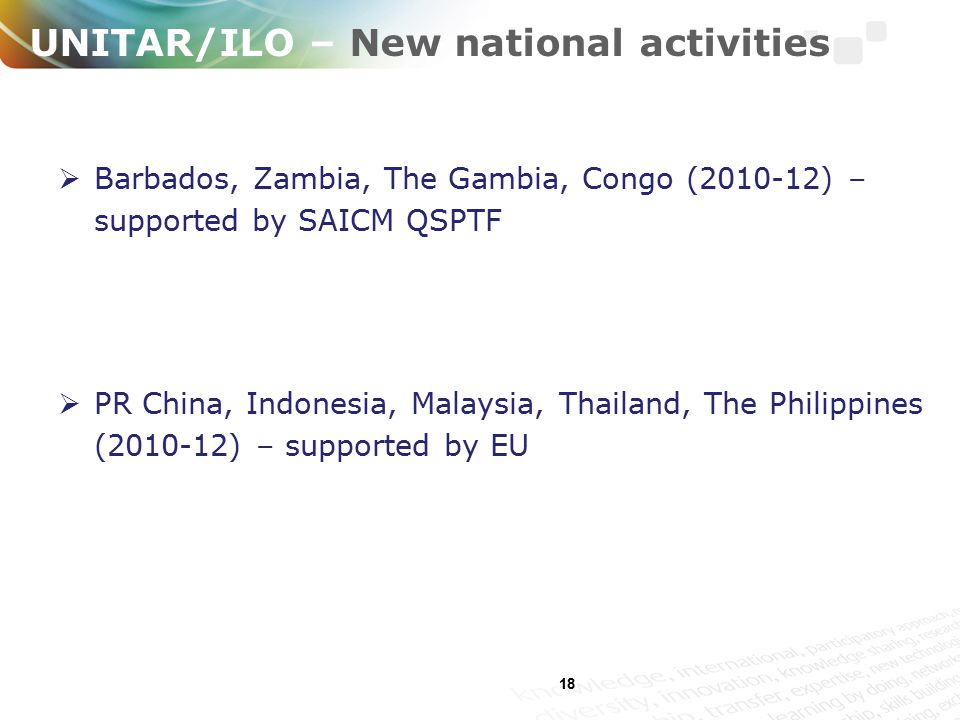 18 UNITAR/ILO – New national activities  Barbados, Zambia, The Gambia, Congo ( ) – supported by SAICM QSPTF  PR China, Indonesia, Malaysia, Thailand, The Philippines ( ) – supported by EU