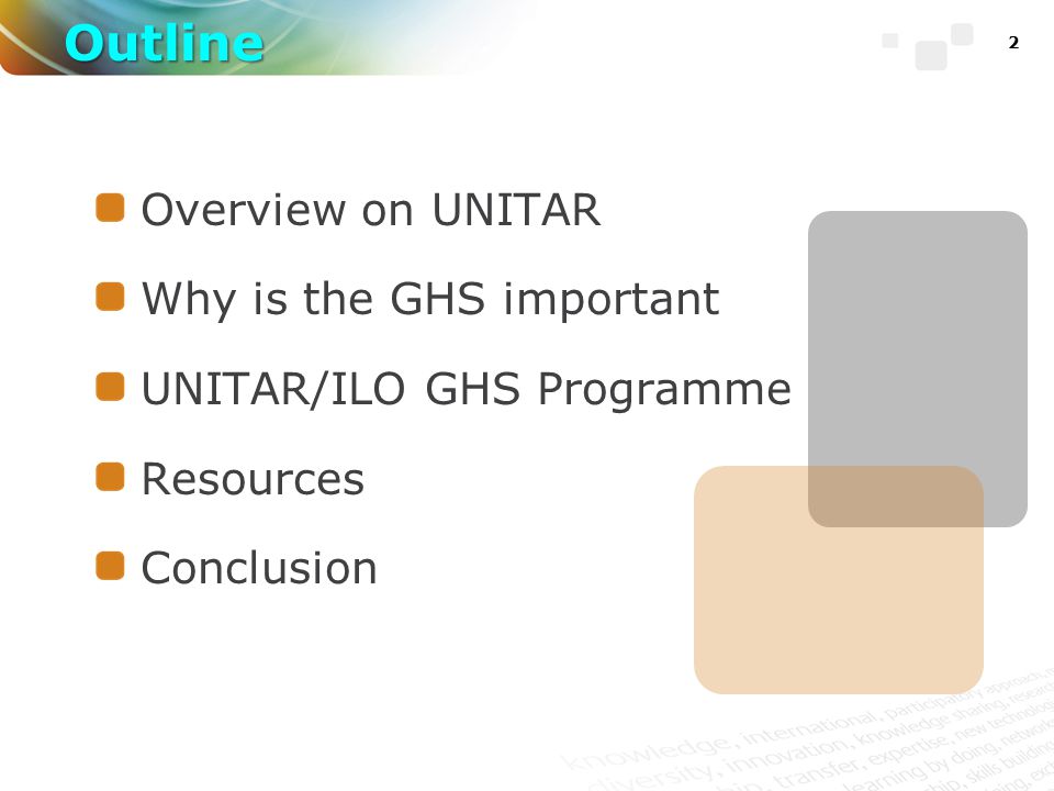 2 Overview on UNITAR Why is the GHS important UNITAR/ILO GHS Programme Resources Conclusion Outline