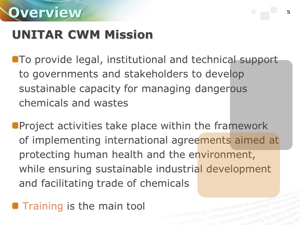 5 Overview UNITAR CWM Mission To provide legal, institutional and technical support to governments and stakeholders to develop sustainable capacity for managing dangerous chemicals and wastes Project activities take place within the framework of implementing international agreements aimed at protecting human health and the environment, while ensuring sustainable industrial development and facilitating trade of chemicals Training is the main tool