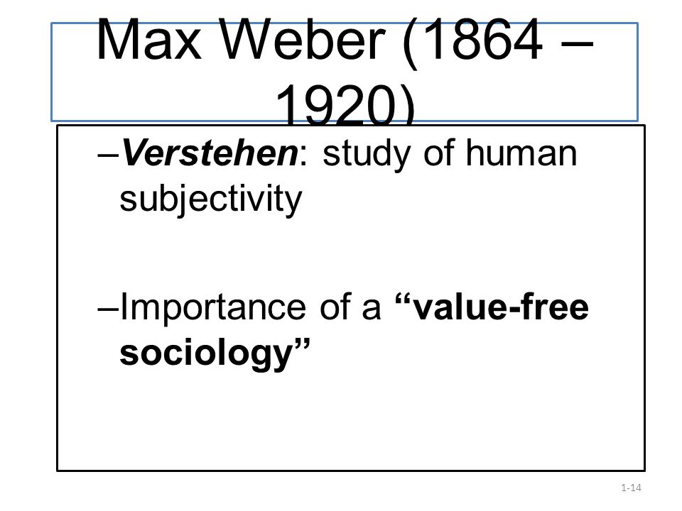 1-14 Max Weber (1864 – 1920) –Verstehen: study of human subjectivity –Importance of a value-free sociology