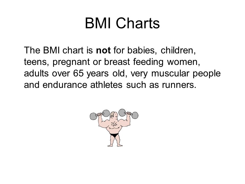 BMI Charts The BMI chart is not for babies, children, teens, pregnant or breast feeding women, adults over 65 years old, very muscular people and endurance athletes such as runners.