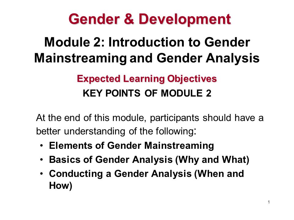 At the end of this module, participants should have a better understanding of the following : Elements of Gender Mainstreaming Basics of Gender Analysis (Why and What) Conducting a Gender Analysis (When and How) 1 Expected Learning Objectives KEY POINTS OF MODULE 2 Gender &Development Gender & Development Module 2: Introduction to Gender Mainstreaming and Gender Analysis