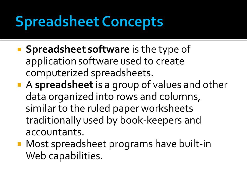  Spreadsheet software is the type of application software used to create computerized spreadsheets.