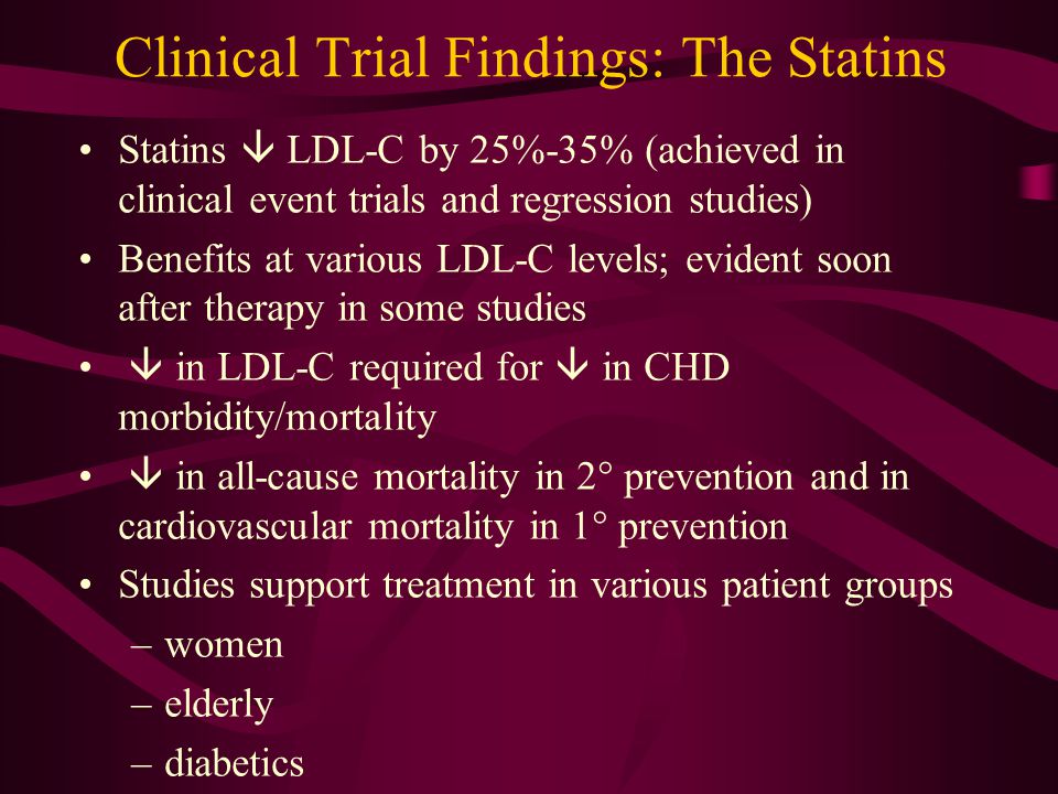 Clinical Trial Findings: The Statins Statins  LDL-C by 25%-35% (achieved in clinical event trials and regression studies) Benefits at various LDL-C levels; evident soon after therapy in some studies  in LDL-C required for  in CHD morbidity/mortality  in all-cause mortality in 2° prevention and in cardiovascular mortality in 1° prevention Studies support treatment in various patient groups –women –elderly –diabetics