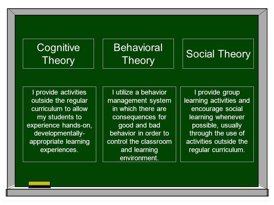 Cognitive Theory Behavioral Theory Social Theory I provide activities outside the regular curriculum to allow my students to experience hands-on, developmentally- appropriate learning experiences.
