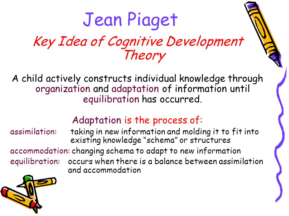 Jean Piaget Key Idea of Cognitive Development Theory A child actively constructs individual knowledge through organization and adaptation of information until equilibration has occurred.
