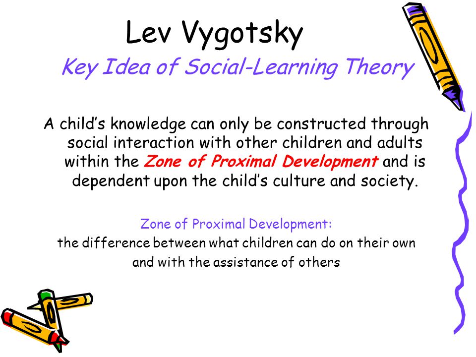 Lev Vygotsky Key Idea of Social-Learning Theory A child’s knowledge can only be constructed through social interaction with other children and adults within the Zone of Proximal Development and is dependent upon the child’s culture and society.