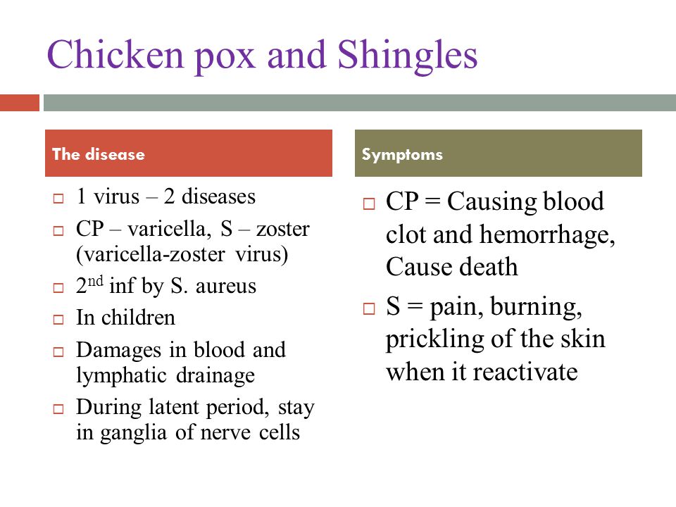 Chicken pox and Shingles  1 virus – 2 diseases  CP – varicella, S – zoster (varicella-zoster virus)  2 nd inf by S.