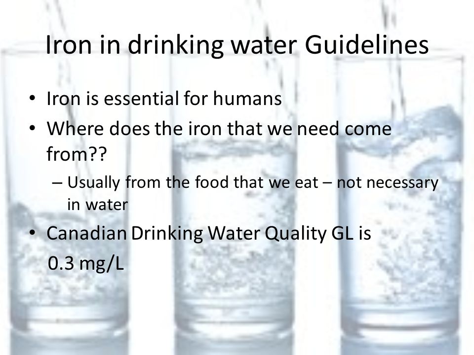 Iron in drinking water Guidelines Iron is essential for humans Where does the iron that we need come from .