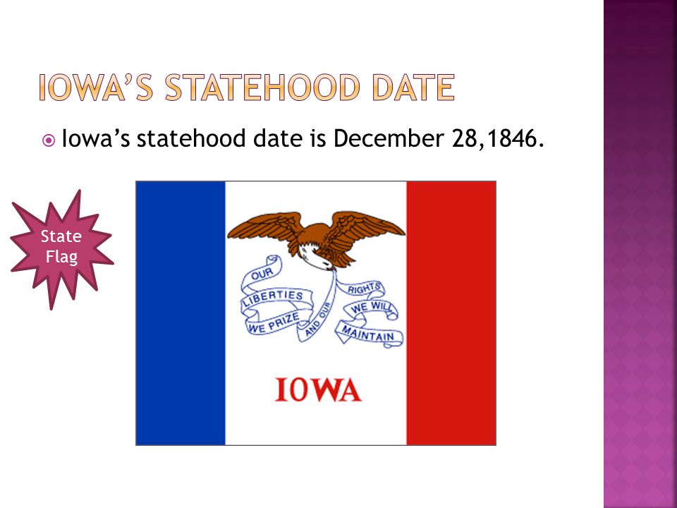  Iowa’s statehood date is December 28,1846. State Flag