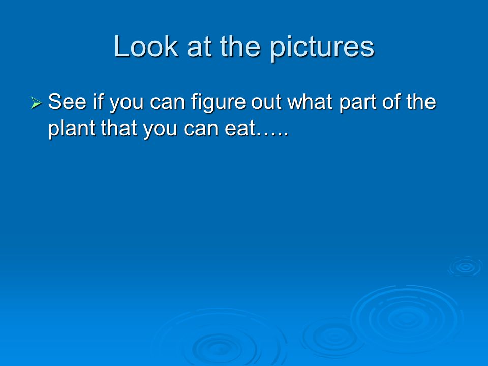 Look at the pictures  See if you can figure out what part of the plant that you can eat…..