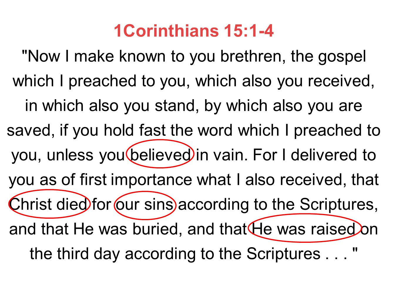 1Corinthians 15:1-4 Now I make known to you brethren, the gospel which I preached to you, which also you received, in which also you stand, by which also you are saved, if you hold fast the word which I preached to you, unless you believed in vain.