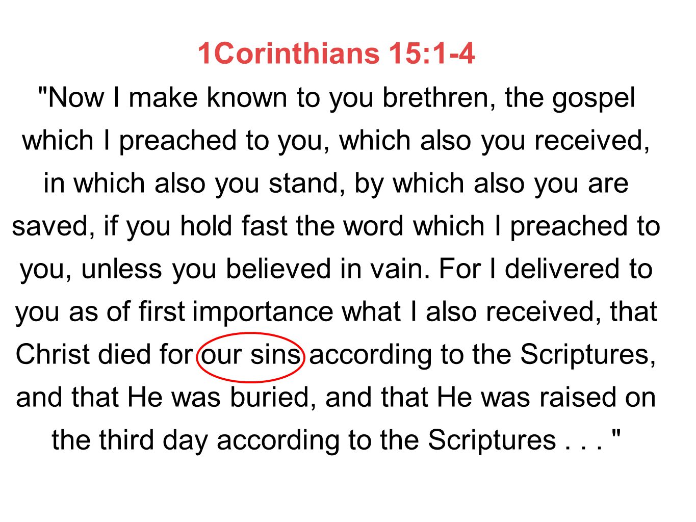 1Corinthians 15:1-4 Now I make known to you brethren, the gospel which I preached to you, which also you received, in which also you stand, by which also you are saved, if you hold fast the word which I preached to you, unless you believed in vain.