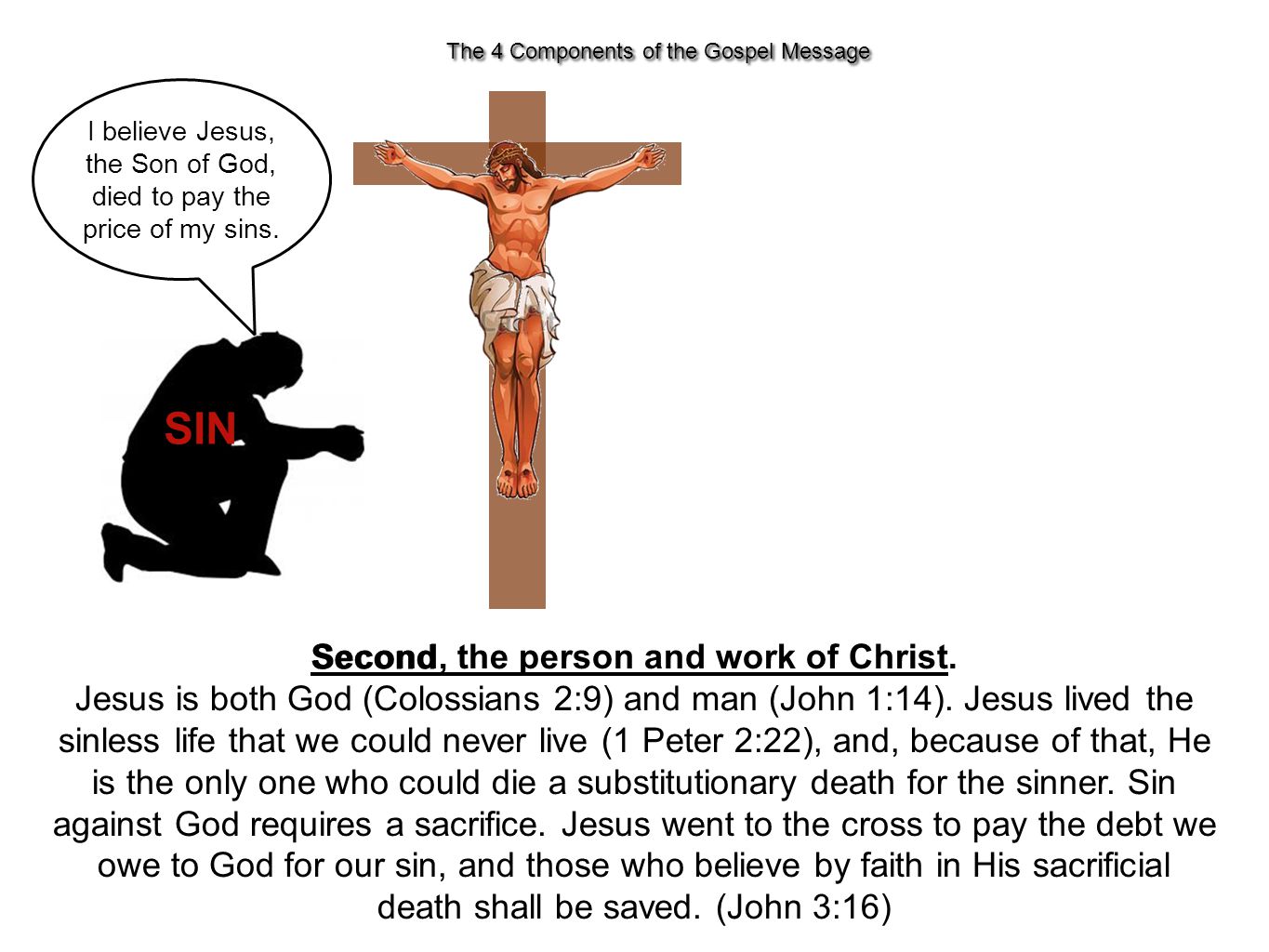 SIN Second, the person and work of Christ. Jesus is both God (Colossians 2:9) and man (John 1:14).
