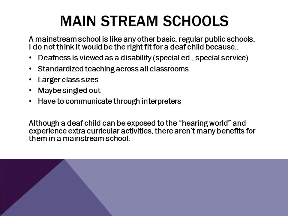 MAIN STREAM SCHOOLS A mainstream school is like any other basic, regular public schools.