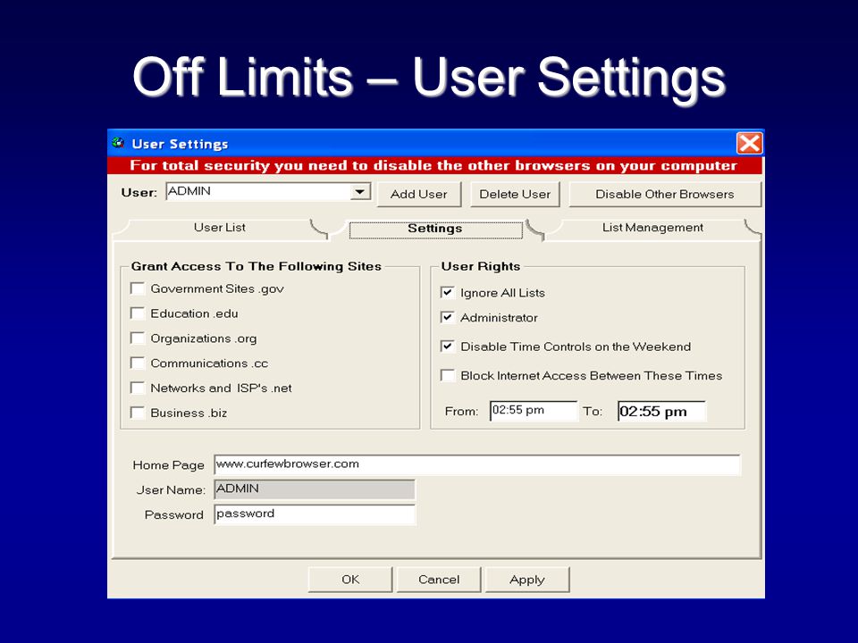 Off Limits – User Settings