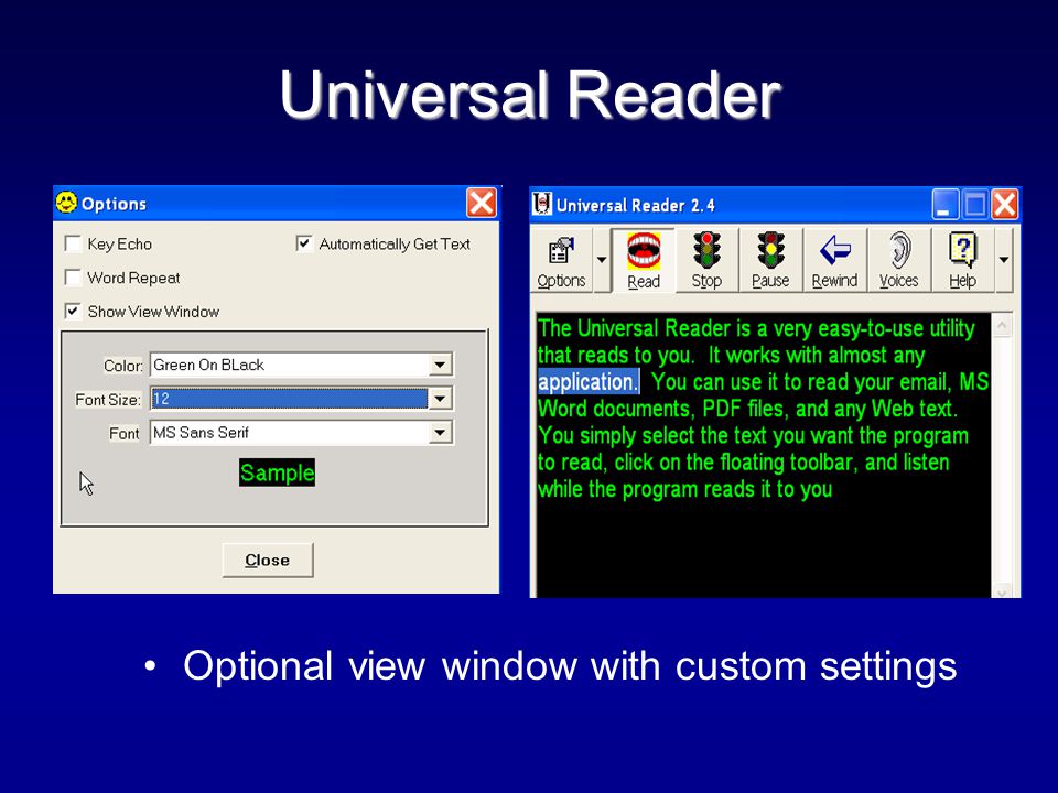 Universal Reader Optional view window with custom settings