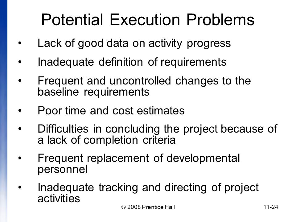 © 2008 Prentice Hall11-24 Potential Execution Problems Lack of good data on activity progress Inadequate definition of requirements Frequent and uncontrolled changes to the baseline requirements Poor time and cost estimates Difficulties in concluding the project because of a lack of completion criteria Frequent replacement of developmental personnel Inadequate tracking and directing of project activities