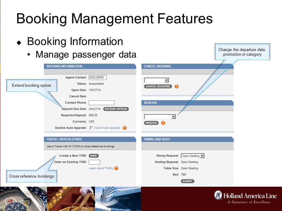 Booking Management Features  Booking Information Manage passenger data Extend booking option Cross reference bookings Change the departure date, promotion or category