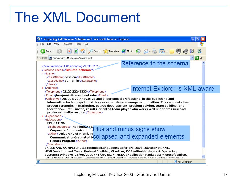 Exploring Microsoft® Office Grauer and Barber 16 Save the XML Document Specify XML as file type Save data only