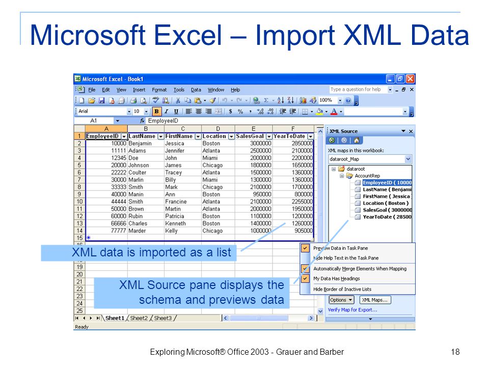 Exploring Microsoft® Office Grauer and Barber 17 The XML Document Reference to the schema Plus and minus signs show collapsed and expanded elements Internet Explorer is XML-aware